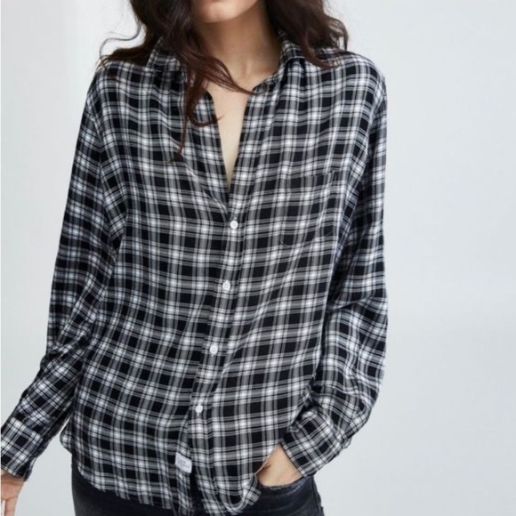 Frank & Eileen | Eileen Plaid Relaxed Fit Button Front Shirt Black White - Picture 3 of 10